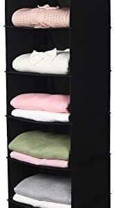 MAX Houser 6 Tier Shelf Hanging Closet Organizer, Closet Hanging Shelf with 2 Sturdy Hooks for Storage, Foldable (Black)