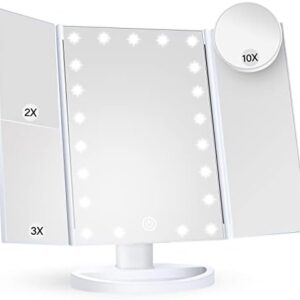 Makeup Mirror Vanity Mirror with Lights, 2X 3X 10X Magnification, Lighted Makeup Mirror, Touch Control, Trifold Makeup Mirror, Dual Power Supply, Portable LED Makeup Mirror, Women Gift (White)