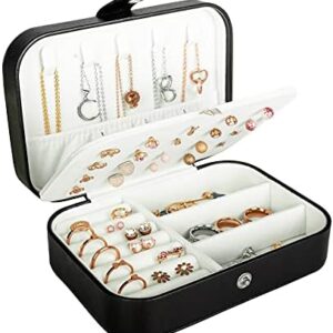 Travel Jewelry Box, PU Leather Small Jewelry Organizer for Women Girls, Double Layer Portable Mini Travel Case Display Storage Holder Boxes for Stud Earrings, Rings, Necklaces, Bracelets (Black)