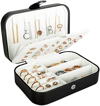 Travel Jewelry Box, PU Leather Small Jewelry Organizer for Women Girls, Double Layer Portable Mini Travel Case Display Storage Holder Boxes for Stud Earrings, Rings, Necklaces, Bracelets (Black)