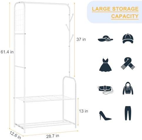 smusei Clothes Rack Metal Clothing Racks for Hanging Clothes Freestanding 4-in-1 Garment Rack Hanger Organizer with Shoe Storage Hanging Hooks and Wire Grid Panel for Entryway Hallway, White - Image 6