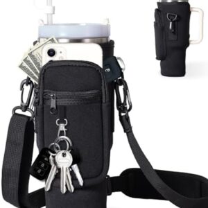 dabria Water Bottle Carrier Bag with Phone Pocket for Stanley 40/30 oz Tumbler Neoprene Water Bottle Holder Pouch with Adjustable Strap Bollus with Straw Cover & Carabiner for Stanley Cup Accessories
