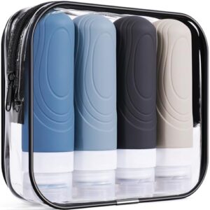 GLAMFIELDS TSA Approved Travel Bottles for Toiletries, 3oz size Leak Proof Silicone Containers for Shampoo, Conditioner,Easy to Squeeze and Portable, Essentials for Traveling (4 Pack) Khaki