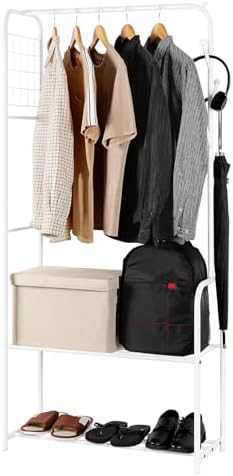 smusei Clothes Rack Metal Clothing Racks for Hanging Clothes Freestanding 4-in-1 Garment Rack Hanger Organizer with Shoe Storage Hanging Hooks and Wire Grid Panel for Entryway Hallway, White - Image 9