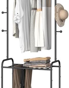 Hzuaneri Clothes Rack, Garment Rack with 2-Tier Storage Shelf, 2-In-1 Design, Clothing Rack with 4 Wheels, Metal Frame Shoe Rack, Coat Rack with 4 Hooks for Bags, 220 lb Max, Black GR07660B