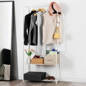 smusei Clothes Rack Metal Clothing Racks for Hanging Clothes Freestanding 4-in-1 Garment Rack Hanger Organizer with Shoe Storage Hanging Hooks and Wire Grid Panel for Entryway Hallway, White