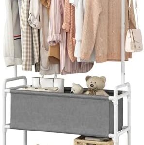 Calmootey Clothing Rack with Storage Bag, 3-in-1 Garment Rack, Non-woven Shelves for Shoes, Clothes Rack for Bedroom, Hallway, Entryway, White&Grey