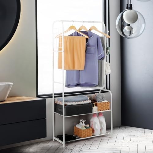 smusei Clothes Rack Metal Clothing Racks for Hanging Clothes Freestanding 4-in-1 Garment Rack Hanger Organizer with Shoe Storage Hanging Hooks and Wire Grid Panel for Entryway Hallway, White - Image 7