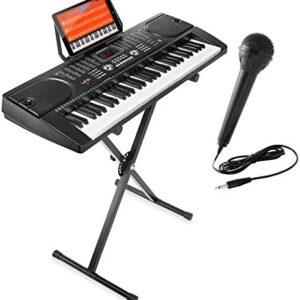 Hamzer 61-Key Electronic Piano Electric Organ Music Keyboard with Stand, Microphone, & Sticker Sheet - Black