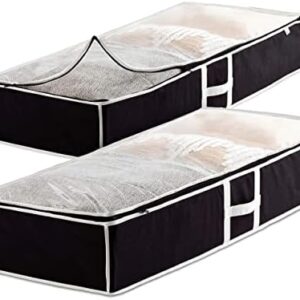 Zober Under Bed Storage - Pack of 2 Under Bed Storage Containers for Clothes, Blankets, Winter Clothing, & Shoes - Under The Bed Storage with Handles, Dual Zippers, & Clear Top (Black)