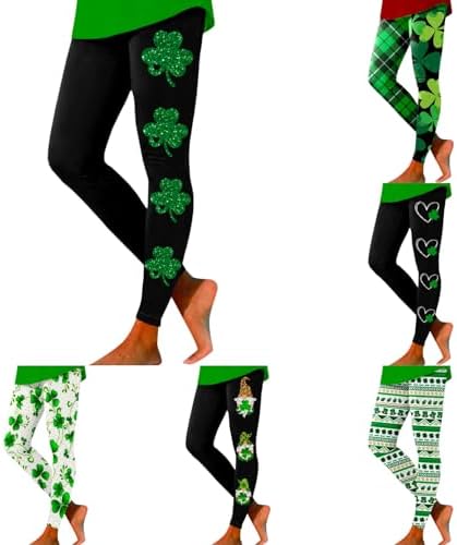 soighxzc St Patricks Day Leggings for Women Shamrock Leaves Green Pant Slim Fit Tummy Control Leggings Irish Green Yoga Pants