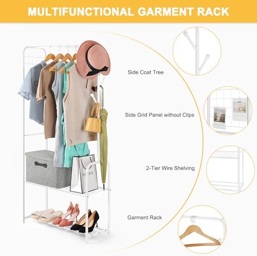 smusei Clothes Rack Metal Clothing Racks for Hanging Clothes Freestanding 4-in-1 Garment Rack Hanger Organizer with Shoe Storage Hanging Hooks and Wire Grid Panel for Entryway Hallway, White - Image 4