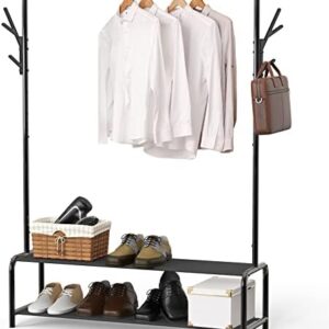 Simple Houseware Garment Rack with Storage Shelves and Coat/Hat Hanging Hooks