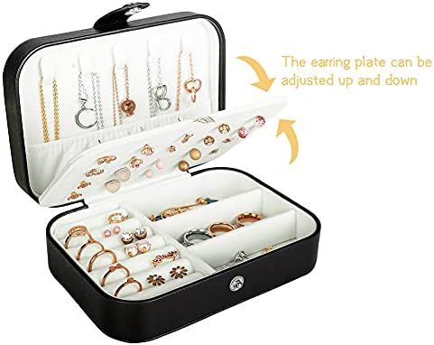 Travel Jewelry Box, PU Leather Small Jewelry Organizer for Women Girls, Double Layer Portable Mini Travel Case Display Storage Holder Boxes for Stud Earrings, Rings, Necklaces, Bracelets (Black) - Image 4