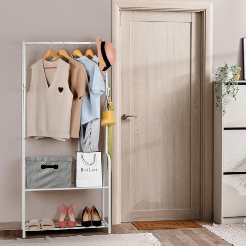 smusei Clothes Rack Metal Clothing Racks for Hanging Clothes Freestanding 4-in-1 Garment Rack Hanger Organizer with Shoe Storage Hanging Hooks and Wire Grid Panel for Entryway Hallway, White - Image 3