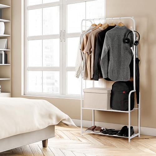 smusei Clothes Rack Metal Clothing Racks for Hanging Clothes Freestanding 4-in-1 Garment Rack Hanger Organizer with Shoe Storage Hanging Hooks and Wire Grid Panel for Entryway Hallway, White - Image 2
