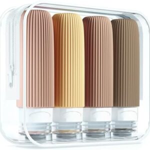 Mrsdry Travel Bottles for Toiletries, Tsa Approved 3oz Portable Travel Bottles, BPA Free Leak Proof Squeezable Silicone Travel Size Containers, Travel Accessories with Clear Toiletry Bag (4 Pack)