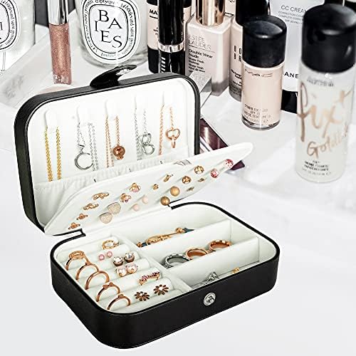 Travel Jewelry Box, PU Leather Small Jewelry Organizer for Women Girls, Double Layer Portable Mini Travel Case Display Storage Holder Boxes for Stud Earrings, Rings, Necklaces, Bracelets (Black) - Image 2