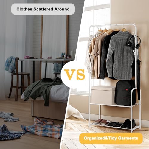 smusei Clothes Rack Metal Clothing Racks for Hanging Clothes Freestanding 4-in-1 Garment Rack Hanger Organizer with Shoe Storage Hanging Hooks and Wire Grid Panel for Entryway Hallway, White - Image 5