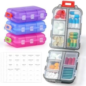 4 Pack Small Travel Pill Organizer for Purse, Pocket, Bag - 10 Compartments Pill Holder Box, Handy Medicine Container - Portable Mini Pharmacy for Weekly Daily Travel - BPA Free Vitamin Fish Oil Case