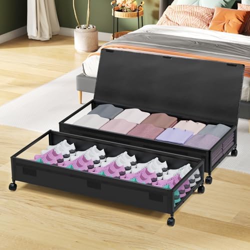 MixcMax Under Bed Storage Bins With Lids - 2Pack Lengthen Underbed Storage Containers with Wheels, Large Capacity Metal Clothes Organizer for Bedroom, Storage Box for Clothing Shoes Blanke Sheet