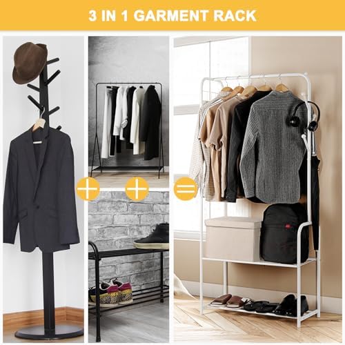 smusei Clothes Rack Metal Clothing Racks for Hanging Clothes Freestanding 4-in-1 Garment Rack Hanger Organizer with Shoe Storage Hanging Hooks and Wire Grid Panel for Entryway Hallway, White - Image 8