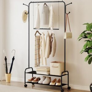Hzuaneri Clothes Rack, Garment Rack with 2-Tier Storage Shelf, 3-In-1 Design, Clothing Rack with 4 Wheels, Detachable Rod for Convenience, Coat Rack with 4 Hooks for Bags, Black GR07518B