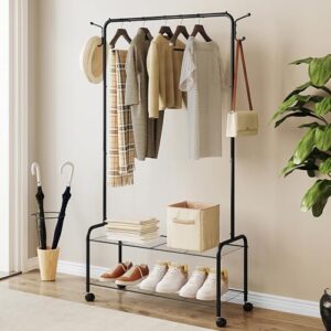 Hzuaneri Clothes Rack, Garment Rack, 2-In-1 Design, Clothing Rack with 4 Wheels, Shoe Rack with 2-Tier Storage Shelf, Coat Rack with 4 Hooks for Bags, 33.4 x 12.5 x 64.5 Inches, Black GR07416B