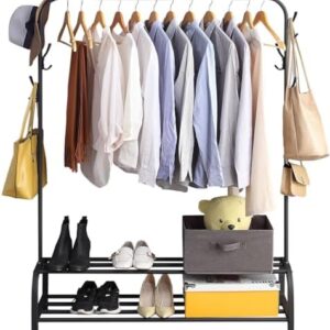 Clothing Garment Rack with Shelves, Metal Cloth Hanger Rack Stand Clothes Drying Rack for Hanging Clothes,with Top Rod Organizer Shirt Towel Rack and Lower Storage Shelf for Boxes Shoes Boots, Black