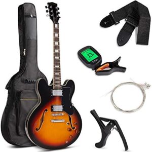 Best Choice Products Semi-Hollow Body Electric Guitar Set w/Dual Humbucker Pickups, 3-Way Pickup Selector, Case, Electronic Tuner, Capo, Strap, Picks, Cutaway Design - Sunburst
