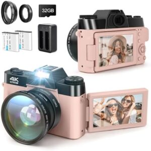 4K Digital Cameras for Photography, 48MP Vlogging Camera with 32GB Card, Wide Angle Lens & Macro Lens Video Camera,16X Zoom Point and Shoot Small Digital Camera, 3'' 180° Flip Screen Compact Camera,P