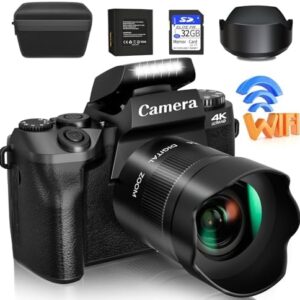 Saneen Digital Camera, 4k Cameras for Photography & Video, 64MP WiFi Touch Screen Vlogging Camera for YouTube with Flash, 32GB SD Card, Lens Hood, 3000mAH Battery, Front and Rear Cameras - Black