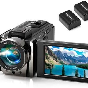 kimire Video Camera Camcorder Digital Camera Recorder Full HD 1080P 15FPS 24MP 3.0 Inch 270 Degree Rotation LCD 16X Digital Zoom Camcorder Camera with 2 Batteries(Black)