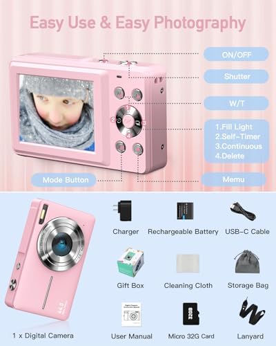 AiTechny Digital Camera for Kids, 1080P FHD Camera, 44MP Point and Shoot Digital Camera for Pictures with 32GB Card, 16X Zoom, Compact Small Vintage Camera Gifts for Teens Kids Boys Girls(Pink) - Image 7
