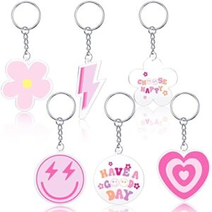 Otuuz 6 Pcs Preppy Smile Key Chain Acrylic Smile Face Keychain Happy Face Aesthetic Preppy Keychain for Backpack Cute Women's Keyrings and Keychains for Girls Purse Pink Accessories Charm, 6 Designs