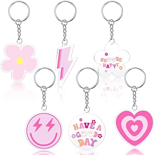 Otuuz 6 Pcs Preppy Smile Key Chain Acrylic Smile Face Keychain Happy Face Aesthetic Preppy Keychain for Backpack Cute Women's Keyrings and Keychains for Girls Purse Pink Accessories Charm, 6 Designs