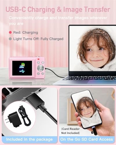 AiTechny Digital Camera for Kids, 1080P FHD Camera, 44MP Point and Shoot Digital Camera for Pictures with 32GB Card, 16X Zoom, Compact Small Vintage Camera Gifts for Teens Kids Boys Girls(Pink) - Image 3