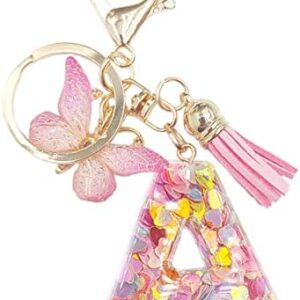 jtkdxqs Letter A-Z Keychain Pink Tassel Butterfly Key Ring for Women Girls Backpack Handbags Pendant