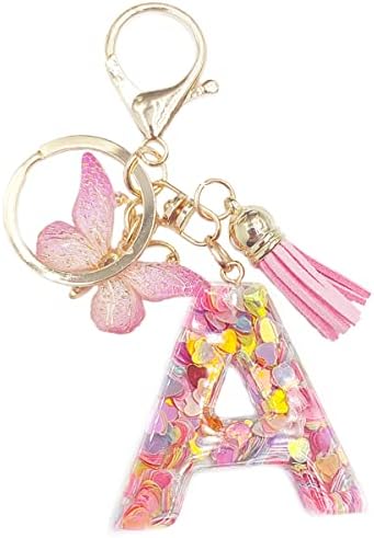 jtkdxqs Letter A-Z Keychain Pink Tassel Butterfly Key Ring for Women Girls Backpack Handbags Pendant
