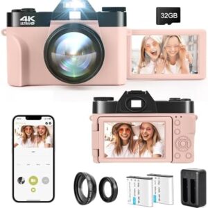 4K Digital Cameras for Photography, 48MP Vlogging Camera, 16X Zoom Point and Shoot Students Camera, Wide Angle Lens&Macro Lens Video Camera,180° Flip Screen Compact Camera, 32GB Card&2 Batteries,P