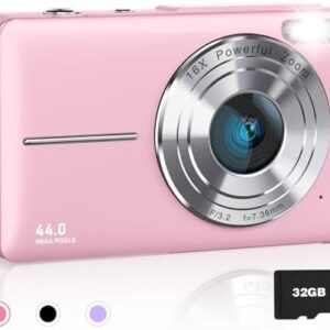 AiTechny Digital Camera for Kids, 1080P FHD Camera, 44MP Point and Shoot Digital Camera for Pictures with 32GB Card, 16X Zoom, Compact Small Vintage Camera Gifts for Teens Kids Boys Girls(Pink)