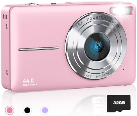 AiTechny Digital Camera for Kids, 1080P FHD Camera, 44MP Point and Shoot Digital Camera for Pictures with 32GB Card, 16X Zoom, Compact Small Vintage Camera Gifts for Teens Kids Boys Girls(Pink)