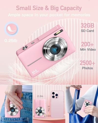 AiTechny Digital Camera for Kids, 1080P FHD Camera, 44MP Point and Shoot Digital Camera for Pictures with 32GB Card, 16X Zoom, Compact Small Vintage Camera Gifts for Teens Kids Boys Girls(Pink) - Image 5