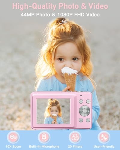 AiTechny Digital Camera for Kids, 1080P FHD Camera, 44MP Point and Shoot Digital Camera for Pictures with 32GB Card, 16X Zoom, Compact Small Vintage Camera Gifts for Teens Kids Boys Girls(Pink) - Image 2
