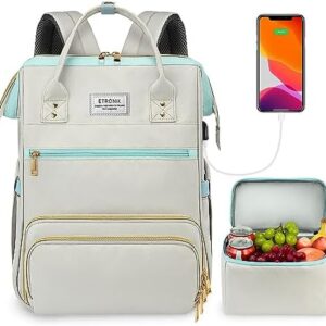 ETRONIK Lunch Backpack, 15.6 Inch Laptop Backpack with USB Port, Stylish Nurse, Teacher Work Bag with Insulated Cooler Lunch Box for Women Men/Travel, Grey Blue