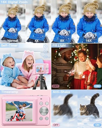 AiTechny Digital Camera for Kids, 1080P FHD Camera, 44MP Point and Shoot Digital Camera for Pictures with 32GB Card, 16X Zoom, Compact Small Vintage Camera Gifts for Teens Kids Boys Girls(Pink) - Image 4
