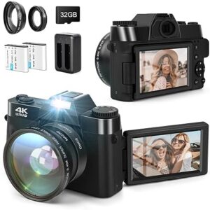 4K Digital Cameras for Photography, 48MP Vlogging Camera with 32GB Card, Wide Angle Lens & Macro Lens Video Camera,16X Zoom Point and Shoot Small Digital Camera, 3'' 180° Flip Screen Compact Camera,B