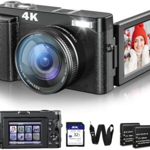 4K Digital Camera for Photography and Video, 48MP Vlogging Camera with SD Card Autofocus Anti-Shake, 3'' 180° Flip Screen Digital Camera with Flash 16X Zoom, Compact Camera for Travel (2 Batteries)