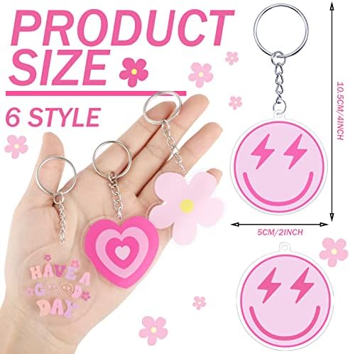 Otuuz 6 Pcs Preppy Smile Key Chain Acrylic Smile Face Keychain Happy Face Aesthetic Preppy Keychain for Backpack Cute Women's Keyrings and Keychains for Girls Purse Pink Accessories Charm, 6 Designs - Image 2