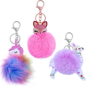 WILLBOND 3 Pieces Animal Pom Pom Keychain Cute Fluffy Key Ring Unicorn Keychain for Women Bag Accessories